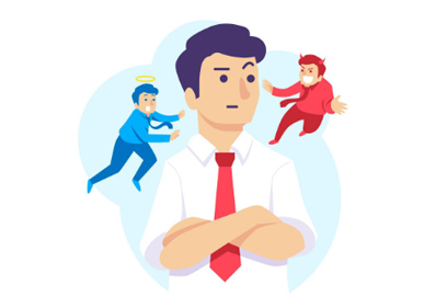 Man facing moral dilemma with angel and devil on shoulders