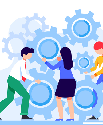 Team working together with gears symbolizing collaboration and process.