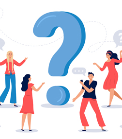People discussing around a large question mark symbol.