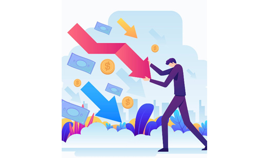 Person facing financial decline with falling arrows and money.