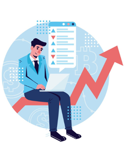 Businessman on arrow analyzing financial data