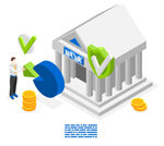 Bank building with coins and security shield
