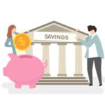 Savings bank with piggy bank and coins