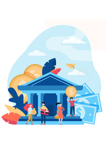 Bank building with coins and currency