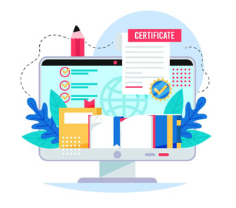 Online certification concept with computer, books, and certificate document.