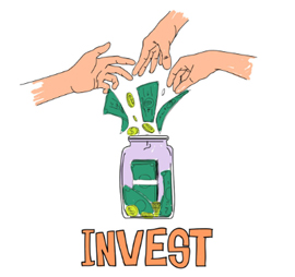 Hands putting money in jar labeled Invest.