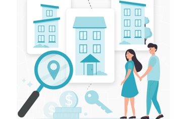 Couple searching for apartments with location, money, and key icons.