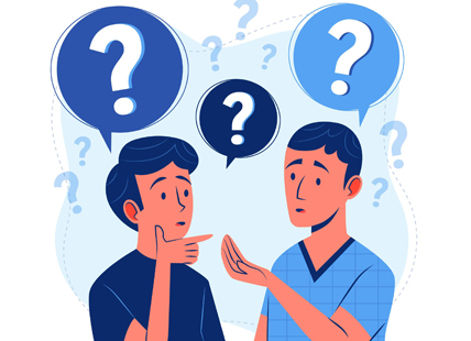 Two men talking with question marks overhead.